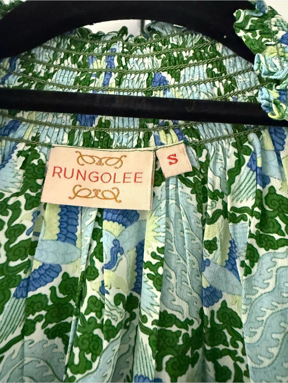Rungolee Printed Smocked Silk Top — Green & Blue - Picture 3 of 3